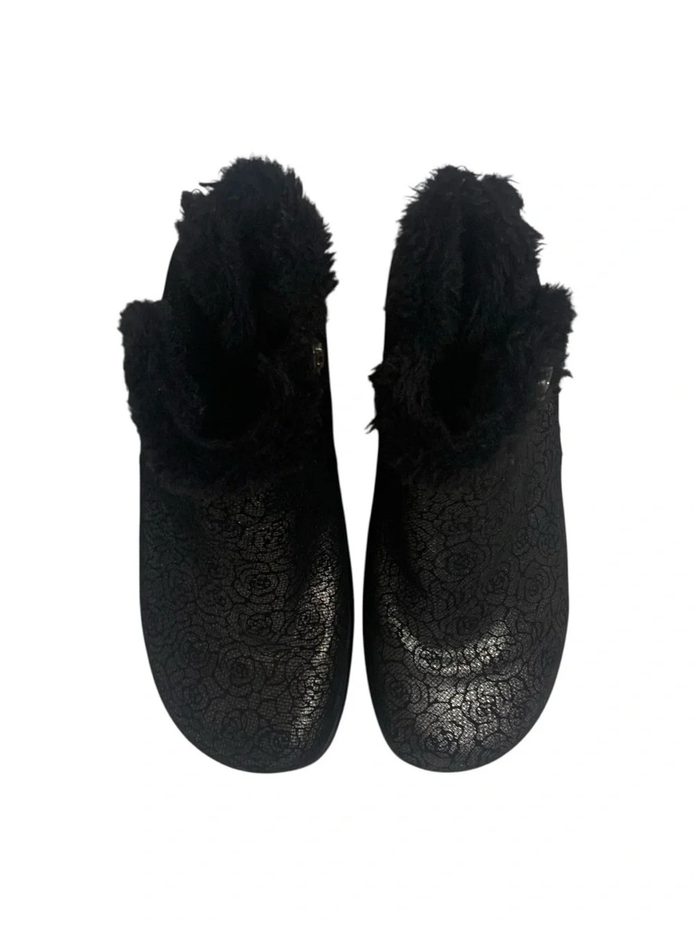Alegria Meri Black Florette Roses Leather Ankle Boots Faux Fur Trim  36W/5.5-6W